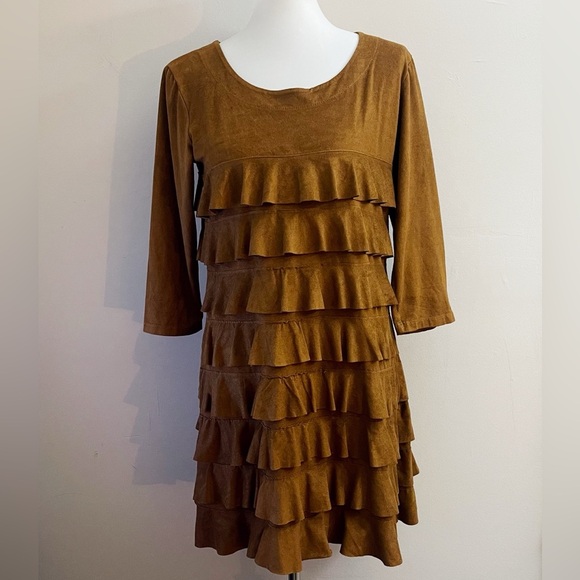 Isle by Meliz Kozan Faux Suede Chic Tiered Long Sleeve Dress  Brown Boho Fall - Picture 2 of 6